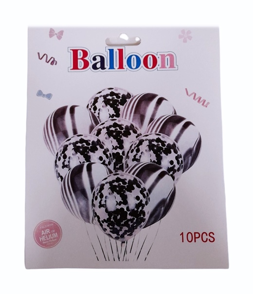 Комплект 10 броя парти балони 5 черни преливащи + 5 прозрачни с конфети /10 броя в стек/