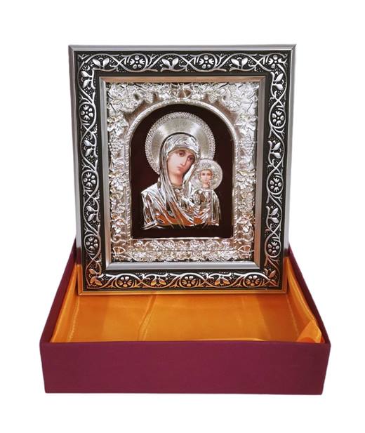 Икона на стойка Богородица с Исус Христос сребърна 18х16см