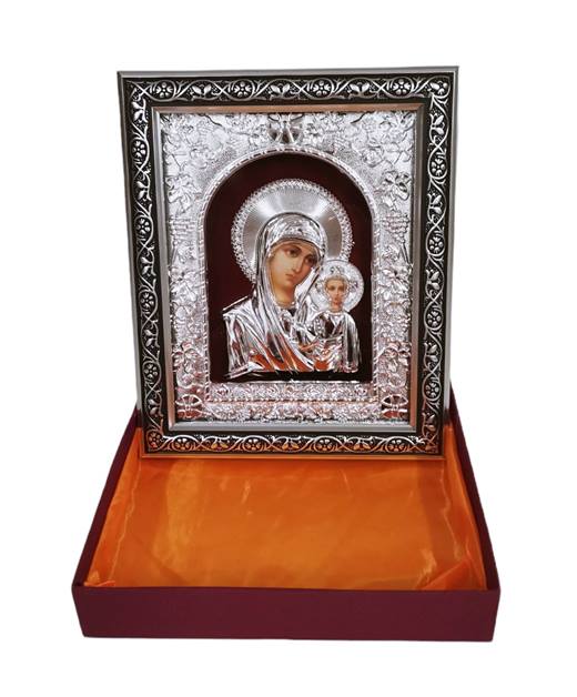 Икона на стойка Богородица с Исус Христос сребърна 26х21см