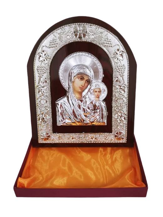 Икона на стойка заоблена Богородица с Исус Христос сребърна 19.5х24см
