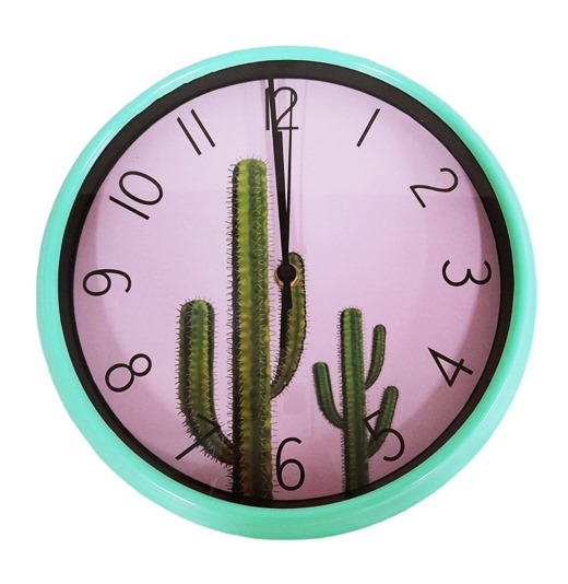 Часовник стенен Ф26 см с декорация КАКТУСИ/АЛОЕ/АНАНАС зелена рамка