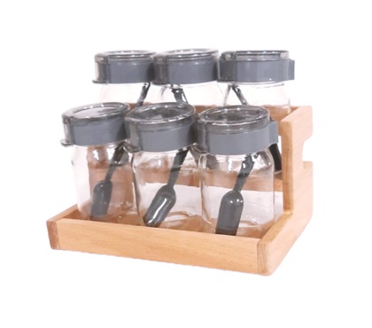 Комплект за подправки 6 броя стъклени буркани на дървена стойка в кутия Hane №HN-2932
