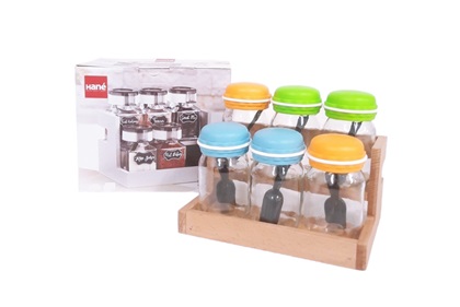 Комплект за подправки 6 броя стъклени буркани цветна капачка на дървена стойка в кутия Hane №HN-2934