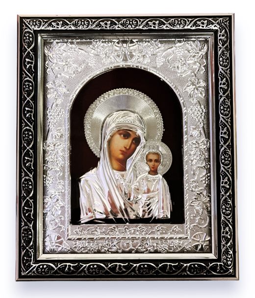 Икона Богородица стъкло сребърна рамка 21х25см в кутия №D1